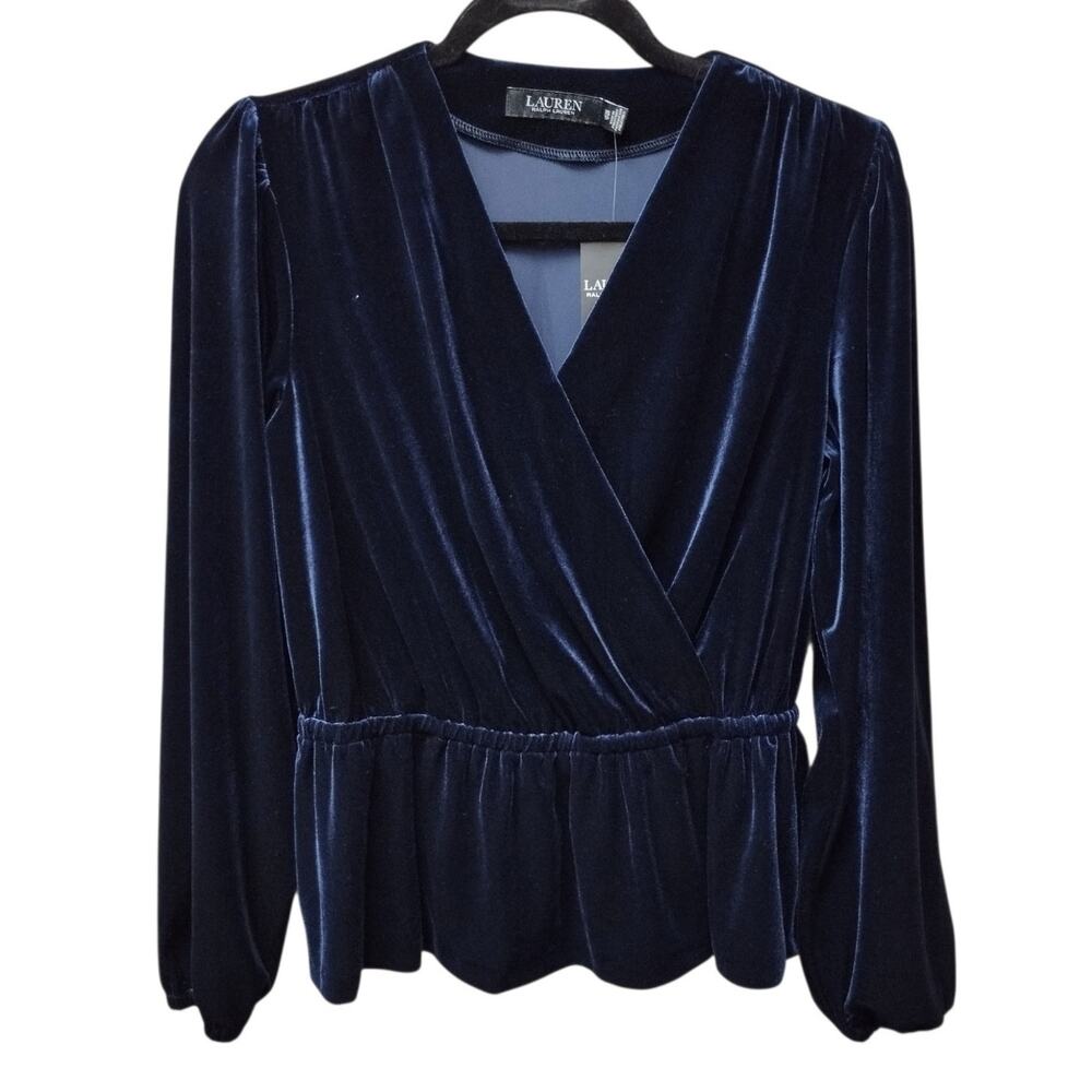 NWT Lauren Ralph Lauren Womens Velvet Faux Wrap Top XS Navy Blue Peplum Event